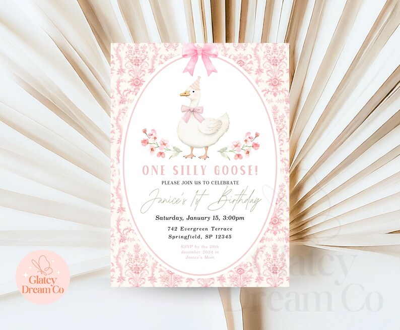EDITABLE One Silly Goose First Birthday pink Invitation for baby girl Animated Video Bday Party, Silly Goose Invite Digital 1st Birthday image 6