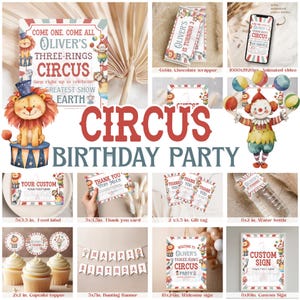 May include: A circus-themed birthday party stationery set featuring illustrations of a lion, clown, and monkey. Includes a 4x6in. chocolate wrapper, 5x3.5in. food labels, 2x3.5in. gift tags, 8x2in. water bottle labels, 2x2in. cupcake toppers, and 18x24in. sign.