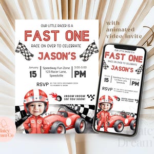 Invito modificabile per auto da corsa, foto personalizzata, invito elettronico per il primo compleanno di un ragazzo veloce, festa di corse vintage rosse, Race On Over