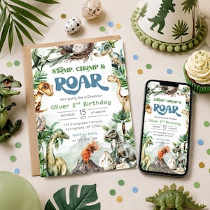 a dinosaur-themed birthday party invitation for Oliver's 2nd birthday, with a dinosaur cake, dinosaur figurines, and other party decorations.