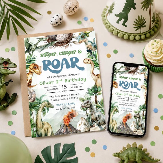 Dinosaur Birthday Invitation: Stomp, Chomp, Roar (Editable Canva Template, Digital Download)