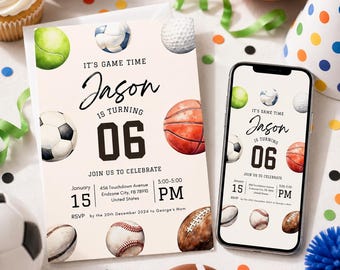 Peut inclure: Une carte d'invitation d'anniversaire et un smartphone affichant la même invitation numérique, illustrés de ballons de sport à l'aquarelle dont une balle de tennis, un ballon de football, de basket, de baseball et de rugby avec le texte Jason is turning 06.