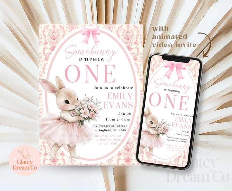 EDITABLE Grandmillennial Somebunny Is Turning One digital animated invitation, Bunny First Birthday Invite, pink Floral Rabbit 1st bday Girl