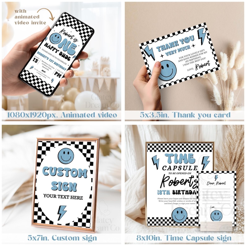 One Happy Dude Blue Black retro smiley face Party Decorations BUNDLE First 1st Birthday One Happy Dude Boy Birthday Package image 3