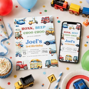 May include: A rectangular birthday invitation card and a smartphone displaying the same digital invitation. Both feature watercolor illustrations of various vehicles, including a train, bus, and airplane, with the text HONK, BEEP CHOO CHOO Joel's 3rd Birthday.