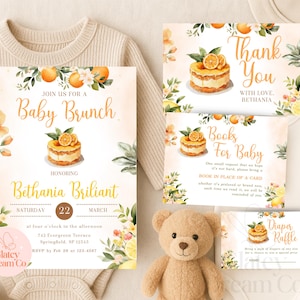 Pacote de convites para chá de bebê com tema de brunch cítrico para bebê, festa no jardim com tema de verão tropical, laranja e limão, sorteio de fraldas, livros de cartões de agradecimento para bebê