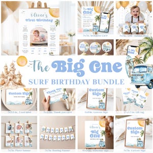 The Big One Surf Birthday Bundle, Retro Van Ocean Printable Decorations