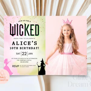 EDITIERBARE Wicked Geburtstagsparty Foto-Einladung, Pink-Grün-Party, Digital Wicked Party Kinokarte, Wicked Movie Ticket Einladung #WIC1