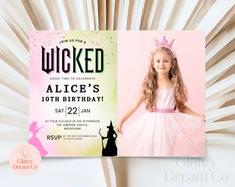 Wicked Birthday Party photo Invitation, Pink Green Party, Digital Wicked Party Movie Ticket, Wicked Movie Ticket Invitation #WIC1
