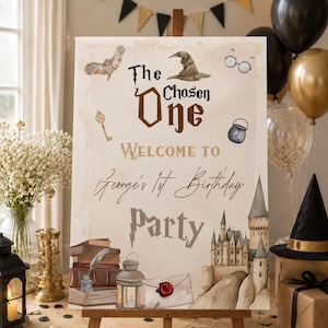 Panneau de bienvenue L'élu, sorcier de l'hiver, thème de la magie de l'école de magie, premier anniversaire, modèle sur toile de célébration magique
