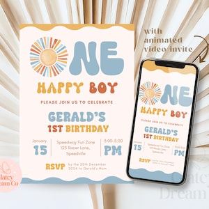 EDITIERBAR Eine glückliche Jungen-Geburtstagseinladung | Jungen ersten Geburtstag einladen | Bday einladen | Lächeln Gesicht | Druckbare Einladung | Kinderparty