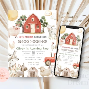 Modifiable Boho ferme cour grange 2e anniversaire invitation Evite neutre sexiste mignon fête des animaux de la ferme Invitation numérique téléchargement immédiat