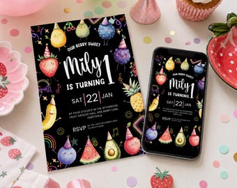 May include: A black birthday invitation card and a smartphone displaying the same design, featuring watercolor illustrations of smiling fruits wearing party hats, with the text "Our Berry Sweet Mily 1 Is Turning 1" and event details.
