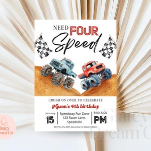 Invito a tema Monster Truck e invito video animato, "Need four speed for Boys 4th Birthday" - Modello digitale stampabile per la festa di compleanno. immagine 6