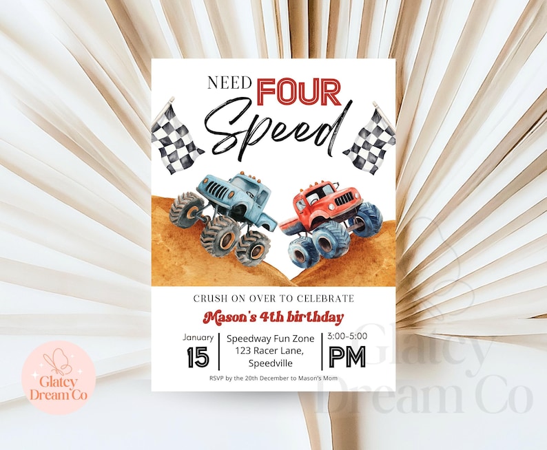 Invito a tema Monster Truck e invito video animato, "Need four speed for Boys 4th Birthday" - Modello digitale stampabile per la festa di compleanno. immagine 6