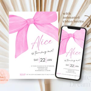 EDITABLE Pink Bow 1st Birthday Invitation, Customized Pink Bow Coquette Invitation Printable template Instant Download
