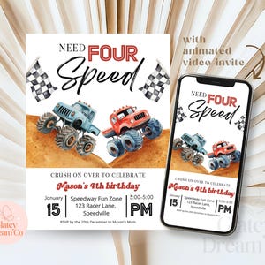 Invito a tema Monster Truck e invito video animato, "Need four speed for Boys 4th Birthday" - Modello digitale stampabile per la festa di compleanno. immagine 2
