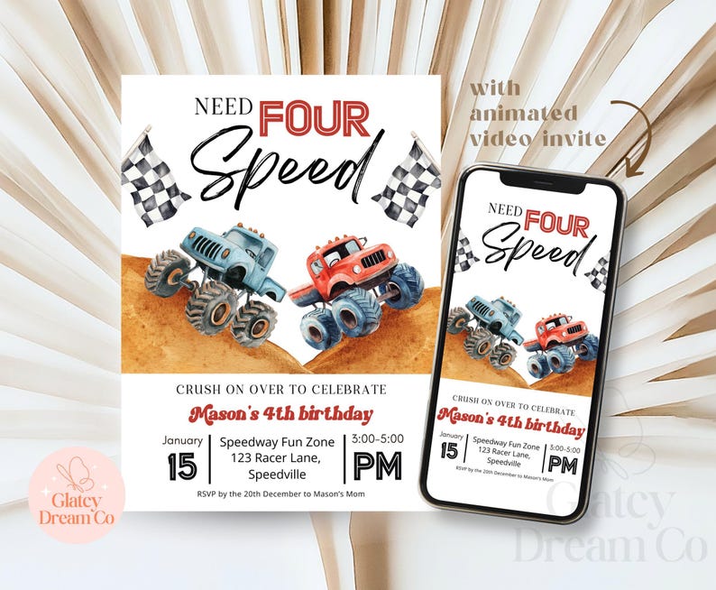 Invito a tema Monster Truck e invito video animato, "Need four speed for Boys 4th Birthday" - Modello digitale stampabile per la festa di compleanno. immagine 2