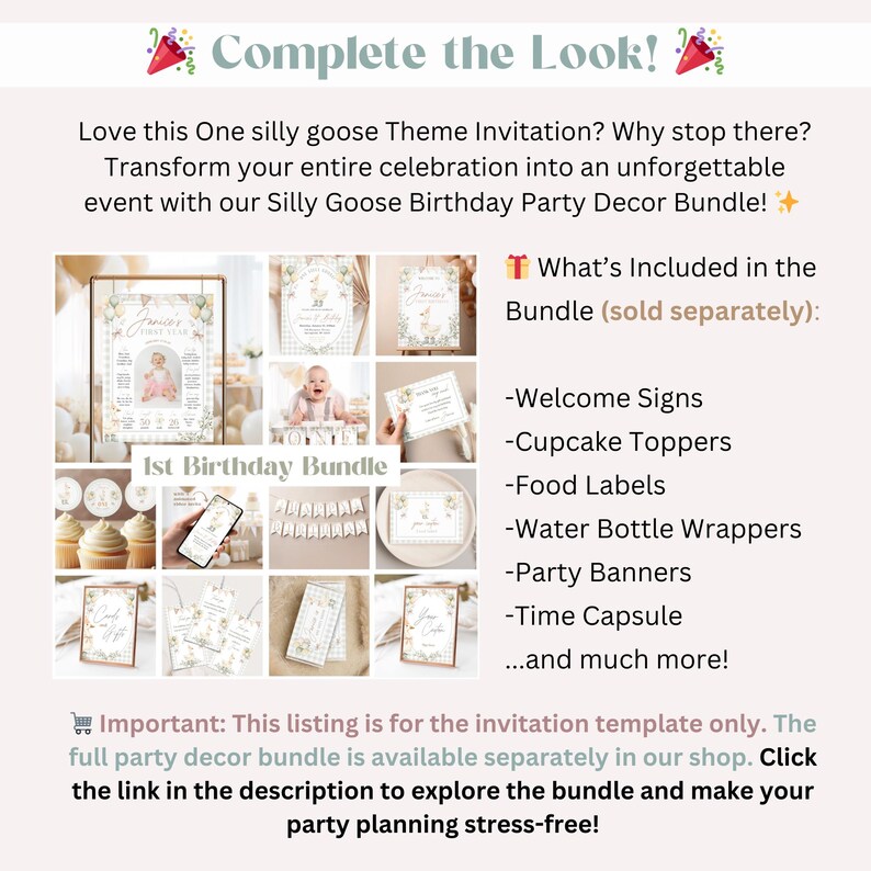 Puede incluir: Un collage de im&aacute;genes que muestran un paquete de decoraci&oacute;n para una fiesta de cumplea&ntilde;os de primer a&ntilde;o con tem&aacute;tica de ganso tonto. El paquete incluye letreros de bienvenida, adornos para cupcakes, etiquetas para alimentos, envoltorios para botellas de agua, pancartas para fiestas, una c&aacute;psula del tiempo y mucho m&aacute;s. El texto "1st Birthday Bundle" aparece en el centro del collage.