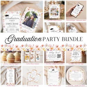 Op de afbeelding: Een afstudeerfeestpakket met een bloemmotief. Het pakket bevat een verscheidenheid aan afdrukbare items, zoals uitnodigingen, fotobanners, cupcaketoppers, cadeaulabels en meer. Alle items zijn versierd met een aquarelbloemendesign in roze, gele en blauwe tinten.