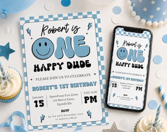 One Happy Dude Birthday Invite Template, Blue retro smiley face, One Happy Dude First bday phone invitation
