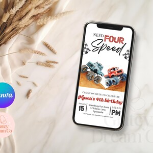 Invito a tema Monster Truck e invito video animato, "Need four speed for Boys 4th Birthday" - Modello digitale stampabile per la festa di compleanno. immagine 4