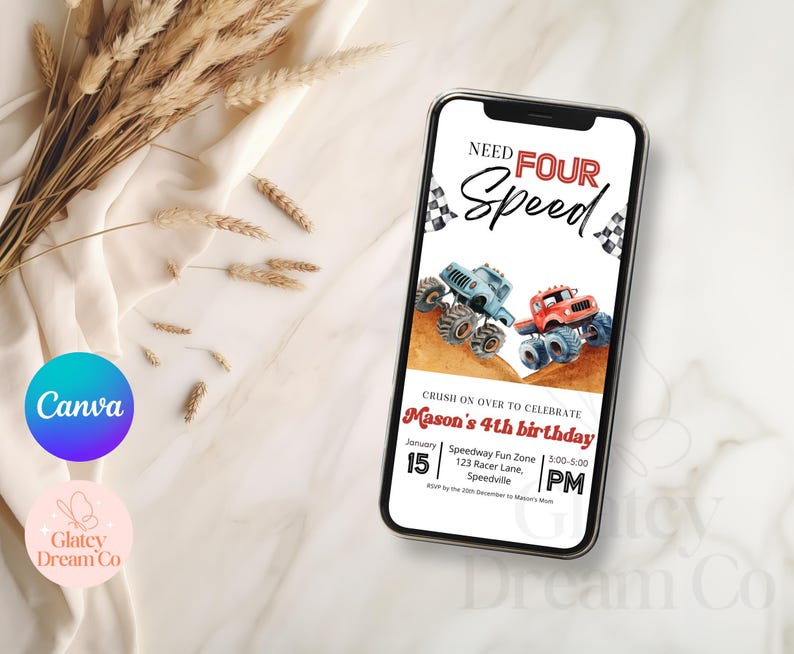 Invito a tema Monster Truck e invito video animato, "Need four speed for Boys 4th Birthday" - Modello digitale stampabile per la festa di compleanno. immagine 4