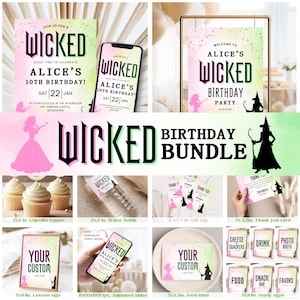 Paquete de invitaciones editables para fiesta de cumpleaños de Wicked, invitación digital animada de Wicked, fiesta rosa vs. verde, boleto de película digital para fiesta de Wicked #WIC1