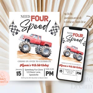 EDITABLE Red Monster Truck Video Invitation for Boys, Animated Digital Birthday Party Invite, Monster Truck Bash decor Instant Download