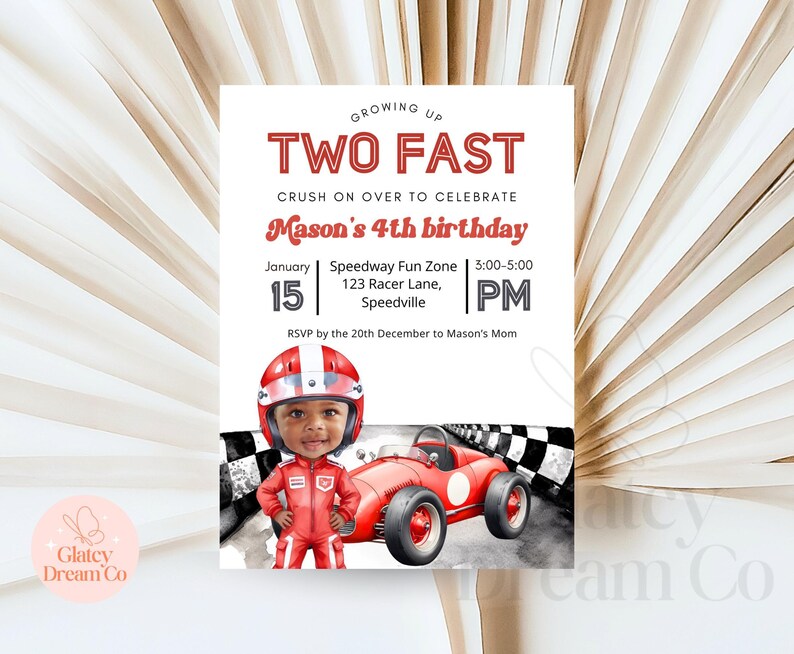 Invitation Grandir DEUX voiture rouge de course rapide pour bébé garçon 2e anniversaire, photo personnalisée et animation vidéo evite image 6
