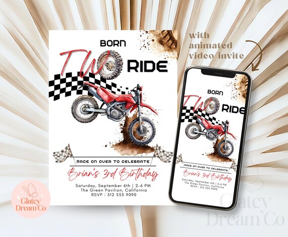 Born TWO ride birthday invitation for two year old boy who love red motorbike motorcycle dirt bike, Race On Over, digital download