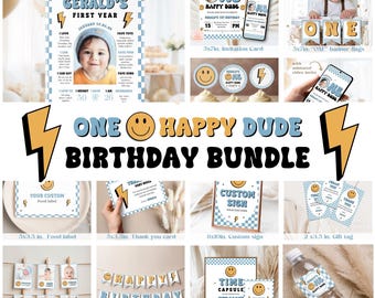 One Happy Dude Birthday Invitation Boy, Editable Smiley Face Party Invite, Blue First Birthday Canva Template, Printable Retro Bday Evite