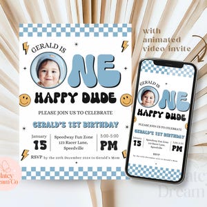 EDITABLE One Happy Dude Birthday Invite Template Blue One Happy Dude First Birthday Invitation 1st bday Canva Template
