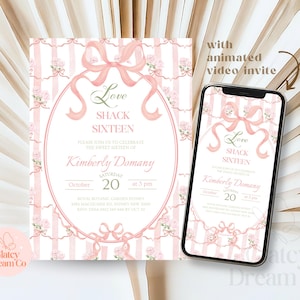 Puede incluir: Una invitación rosa y blanca con el texto "Love Shack Sixteen" y el nombre "Kimberly Domany". La invitación presenta un diseño de lazo y flores, con un diseño a juego en la pantalla de un teléfono inteligente. También se ven las palabras "with animated video invite".
