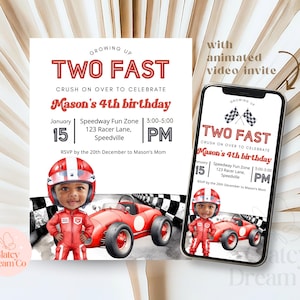 Convite EDITÁVEL Growing up TWO carro vermelho de corrida rápido para bebê menino 2º segundo aniversário, foto personalizada e vídeo animado convite