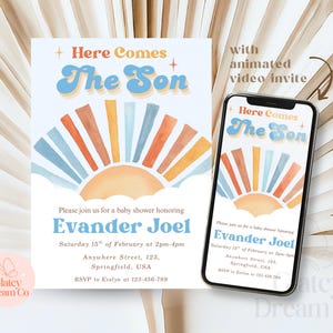 Convite para chá de bebê Here Comes The Son EDITÁVEL Convite para chá de bebê Boho retrô Sunshine Blue Orange Baby Summer party decor Canva template