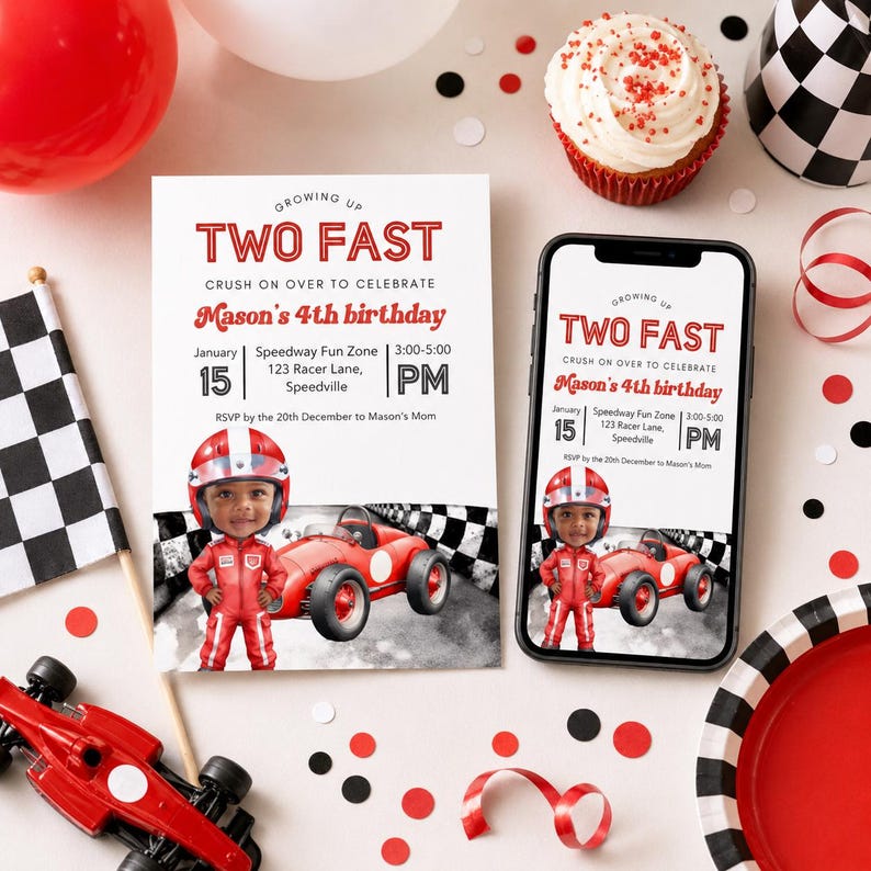 a birthday party invitation for Mason's 4th birthday, with a red and white theme, including a racing car and a cupcake.