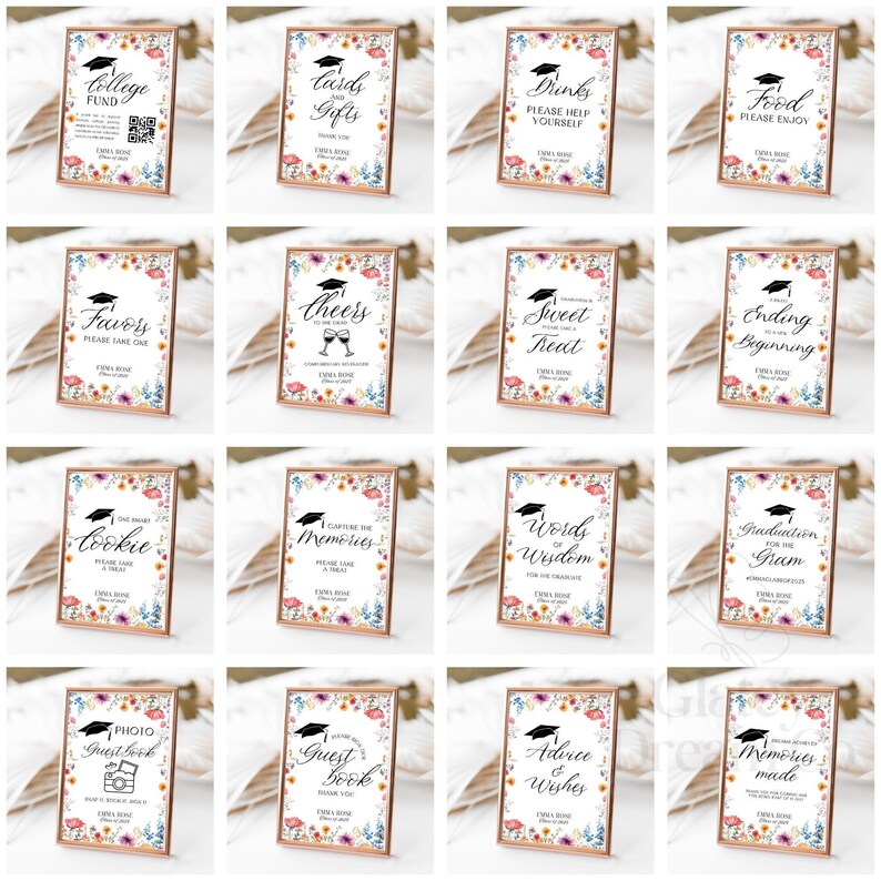 Paquete de fiesta de graduación con flores silvestres en tonos pastel, invitación a la fiesta de graduación de la promoción de 2026, cartel con código QR, carteles personalizados para fiestas de graduación. imagen 8