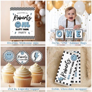 One Happy Dude Blue Black retro smiley face Party Decorations BUNDLE First 1st Birthday One Happy Dude Boy Birthday Package image 4
