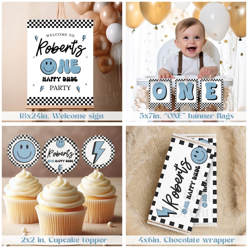 One Happy Dude Blue Black retro smiley face Party Decorations BUNDLE First 1st Birthday One Happy Dude Boy Birthday Package image 4