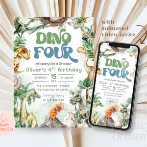 Op de afbeelding: Een digitale uitnodiging voor een dinosaurus-thema vierde verjaardagsfeest. Het ontwerp bevat aquarel illustraties van dinosaurussen, vulkanen en palmbomen. De uitnodiging bevat de tekst "Dino Four".