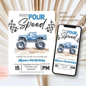 EDITABLE Blue Monster Truck Video Invitation for Boys, Animated Digital Birthday Party Invite, Monster Truck Bash decor Instant Download