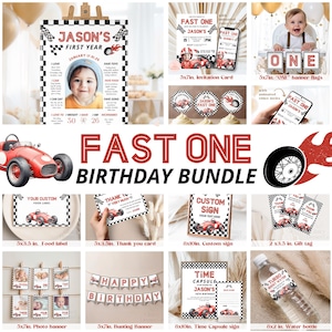 May include: A birthday party printable bundle with a red race car theme. The bundle includes a variety of items, such as an invitation, food labels, thank you cards, a banner, and a time capsule sign. The text "Fast One Birthday Bundle" is featured in the center of the image.