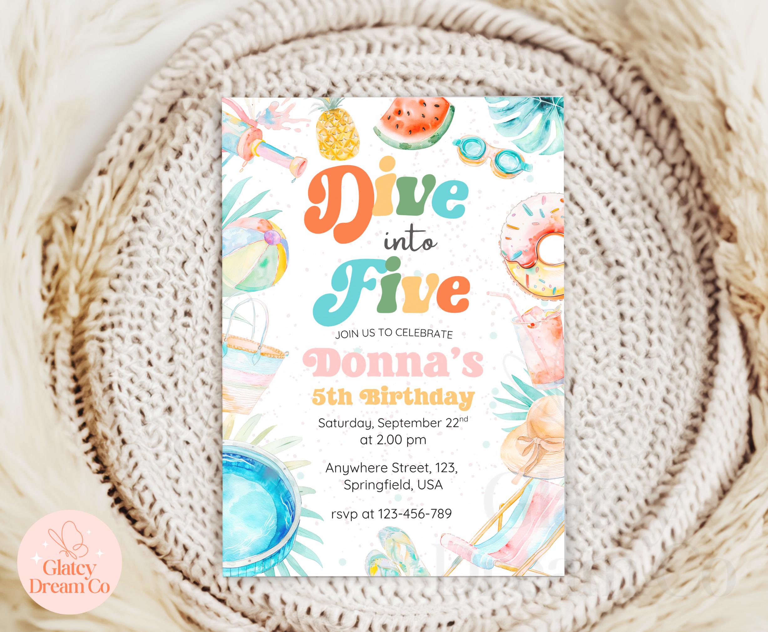EDITABLE Dive Into Five Tropical Summer Pool Party Birthday Invitation ...