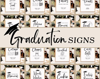 Puede incluir: Una colección de carteles rectangulares blancos de graduación con texto negro e iconos de birrete. Cada cartel presenta detalles personalizados que incluyen el nombre Emma Rose, el año de la clase y etiquetas de eventos específicos como Sweet Treat, College Fund, Favors, Drinks, Advice, Memories, Guestbook, Cards and Gifts, Words of Wisdom y One Smart Cookie.
