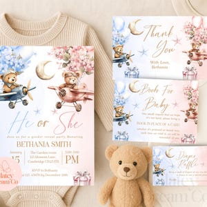 Invitación editable para revelar el género de ositos de peluche. Globo azul y rosa. Rifa de pañales. Tarjeta de agradecimiento. Libros para bebé.