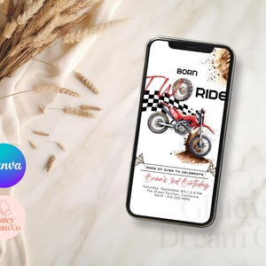 Invitación editable de cumpleaños con temática de motocross, invitación imprimible para tercer cumpleaños de niño con temática de motocross, plantilla digital de pista de carreras, tarjeta de video animada. imagen 6