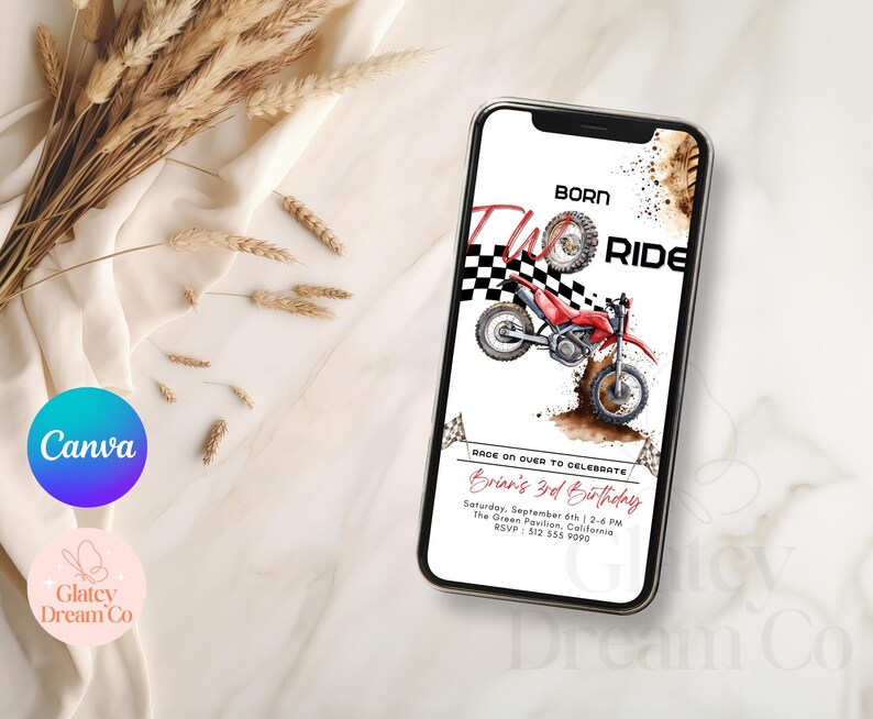 Invitación editable de cumpleaños con temática de motocross, invitación imprimible para tercer cumpleaños de niño con temática de motocross, plantilla digital de pista de carreras, tarjeta de video animada. imagen 6