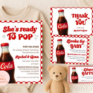 Invitación para baby shower "Ella está lista para tomar un refresco de cola" editable. Paquete de pañales. Libros para rifa de tarjetas para bebé. Plantilla Canva de descarga instantánea.
