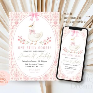 EDITABLE One Silly Goose First Birthday pink Invitation for baby girl Animated Video Bday Party, Silly Goose Invite Digital 1st Birthday